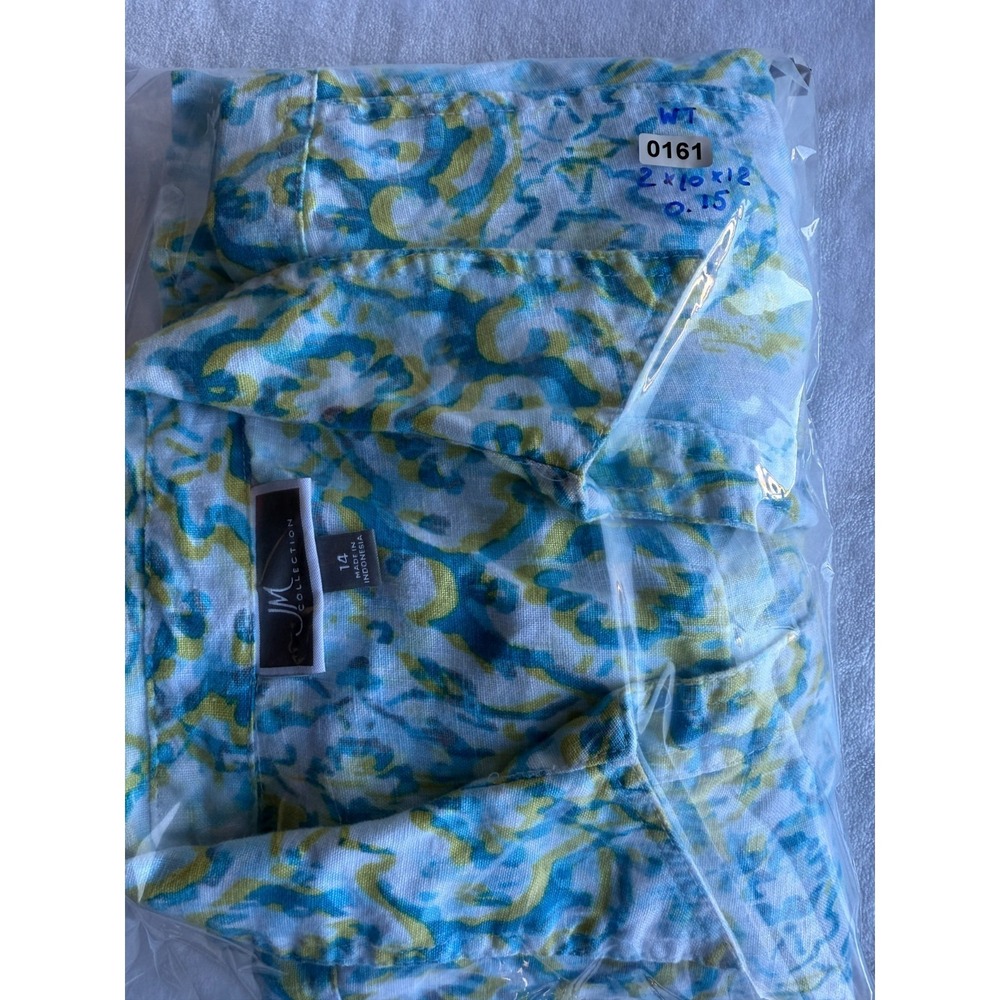 JM Collection Linen Button Up Womens Size 14 Blue Yellow Paisley Floral Coastal - Picture 11 of 11